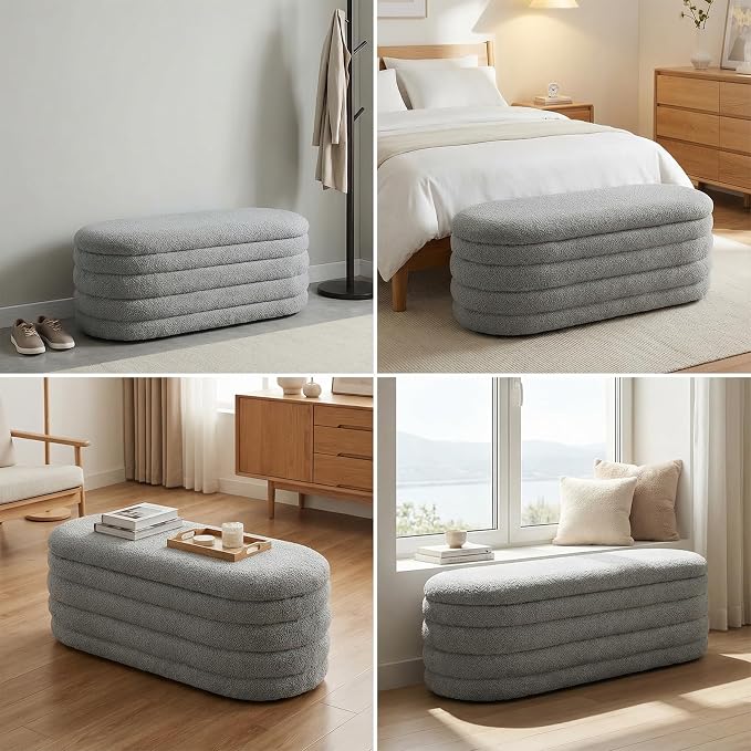 Storage Ottoman Bench, 45'' Upholstered Boucle Ottoman with Storage, Aesthetic Bedroom Bench for Living Room Entryway, Grey