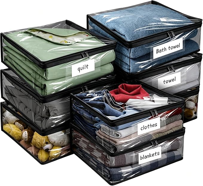 Kikerike Plastic Storage Bags with Easy-Glide Zipper, Pack of 8, Durable Clear Vinyl Zippered Storage Bags for Clothes Sweaters Comforters Blankets Sheets Bedding (18 x 15 x 4 Inch, Black)