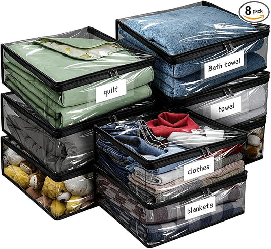 Kikerike Plastic Storage Bags with Easy-Glide Zipper, Pack of 8, Durable Clear Vinyl Zippered Storage Bags for Clothes Sweaters Comforters Blankets Sheets Bedding (15.7 x 13.8 x 3.9 Inch, Black)