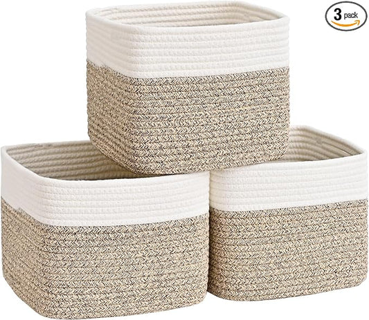 3 Pack Cube Storage Bin, 9”x9”x7” Cotton Rope Woven Baskets for Organizing Toys Clothes Towels, Square Gift Storage Baskets for Shelves, Nursery, Closet, Bathroom, Pantry (White & Jute)