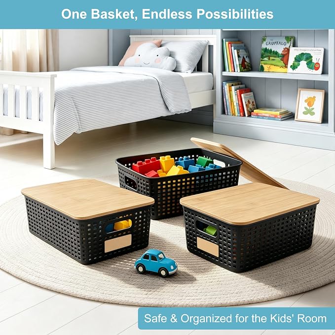 Bagnizer Small Plastic Storage Bins with Bamboo Lids 5.2qt Stackable Box Basket Pantry Decorative Containers Cute with Lable for Organizing Desktop Closet Office Black of 6 packs 10 * 7.2 * 4.1"