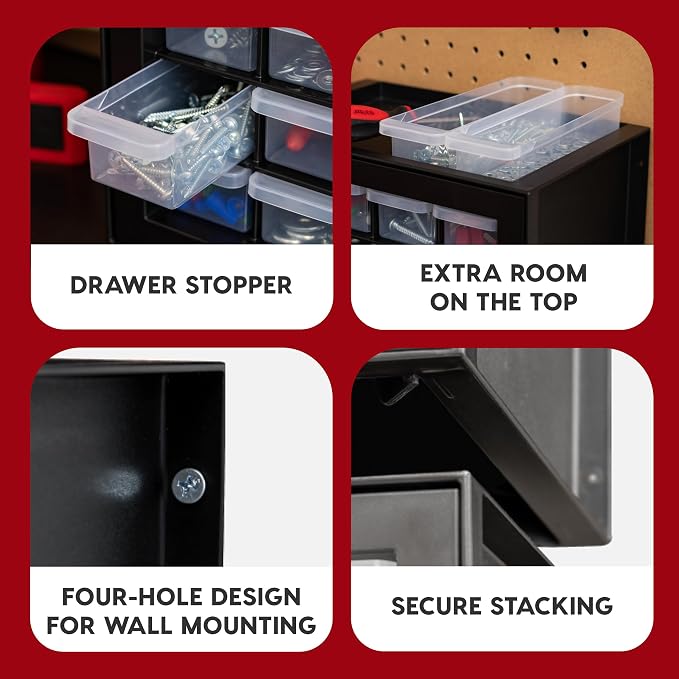 IRIS USA 16-Drawer Small Drawer Organizer, Garage Desk Storage, Black | Wall mountable, Stackable Teacher Toolbox, Beads, Building Bricks, Water Packets, Screws, Hardware