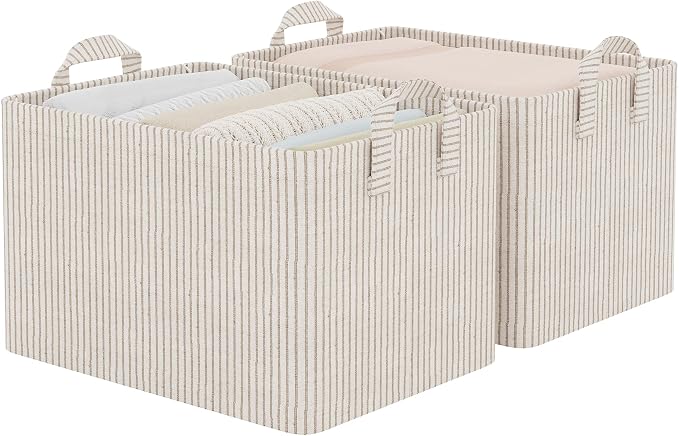 StorageWorks Storage Bins, Fabric Storage Bins for Shelves, Large Storage Baskets with Metal Frame, Closet Baskets and Bins with Handles, Khaki and Beige Stripes, 2-Pack