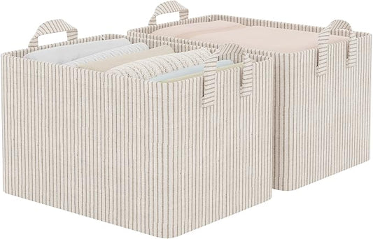 StorageWorks Storage Bins, Fabric Storage Bins for Shelves, Large Storage Baskets with Metal Frame, Closet Baskets and Bins with Handles, Khaki and Beige Stripes, 2-Pack
