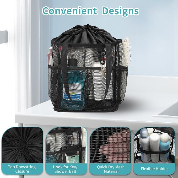 Shower Caddy Portable, Mesh Shower Caddy Hanging with Waterproof Phone Pouch Black, Large Capacity Shower Bag for College Dorm Room Essentials, Quick Dry Shower Basket for Gym, Camping, Swimming