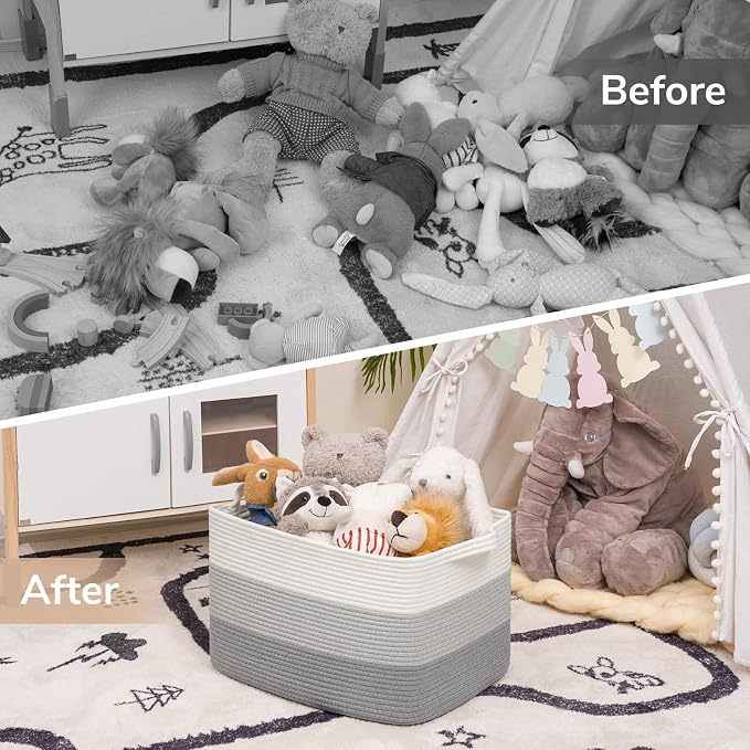 Goodpick 50L Large Woven Blanket Basket, 18" x 14" x 12", Gradient Gray | Blankets, Toys & Nursery Essentials Storage, Living Room & Bedroom Organization, Built-In Handles, Modern Home Decor