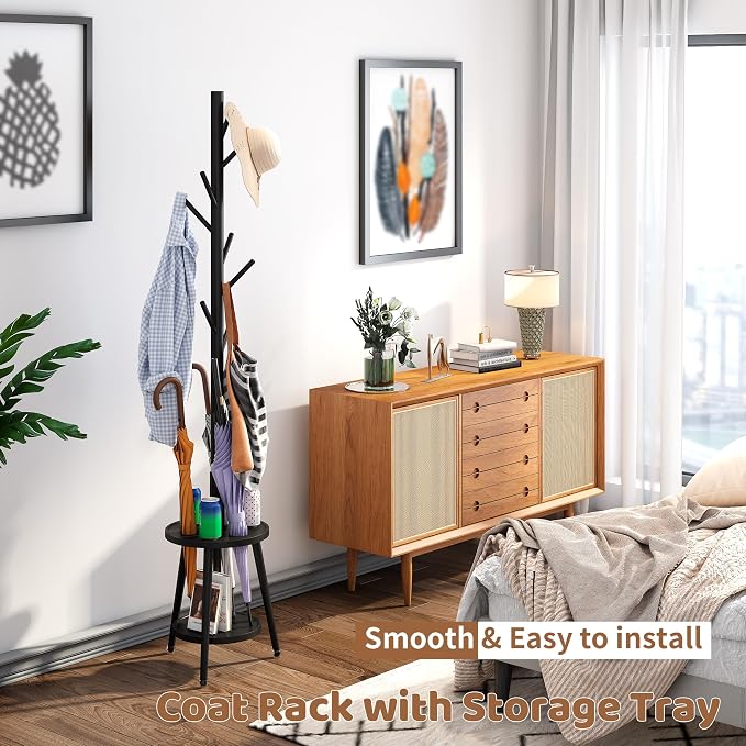 Freestanding Coat Rack with Umbrella Organizer Tray Bamboo Coat Tree Rack with 8 Hook Stand for Clothes Bag Hats Entryway Hanger Stand(Black)