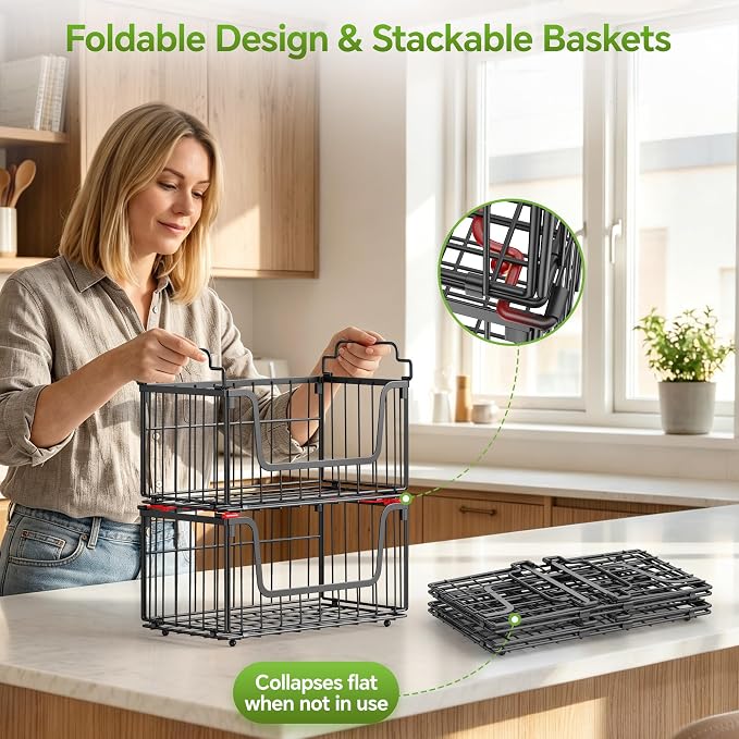 MSERCUOR 4 Pack Foldable Wire Basket for Pantry Organizers and Storage, Stackable Vegetable Fruit Basket for Kitchen Counter, Black Potato and Onion Storage Bin