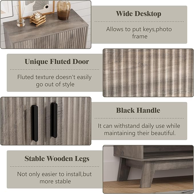 HUANLEGO Shoe Cabinet Storage for Entryway with Doors, Grey | 5 Tier Fluted Shoe Organizer with Adjustable Shelves, Shoe Storage with Wooden Legs, Freestanding Shoe Rack for Entryway