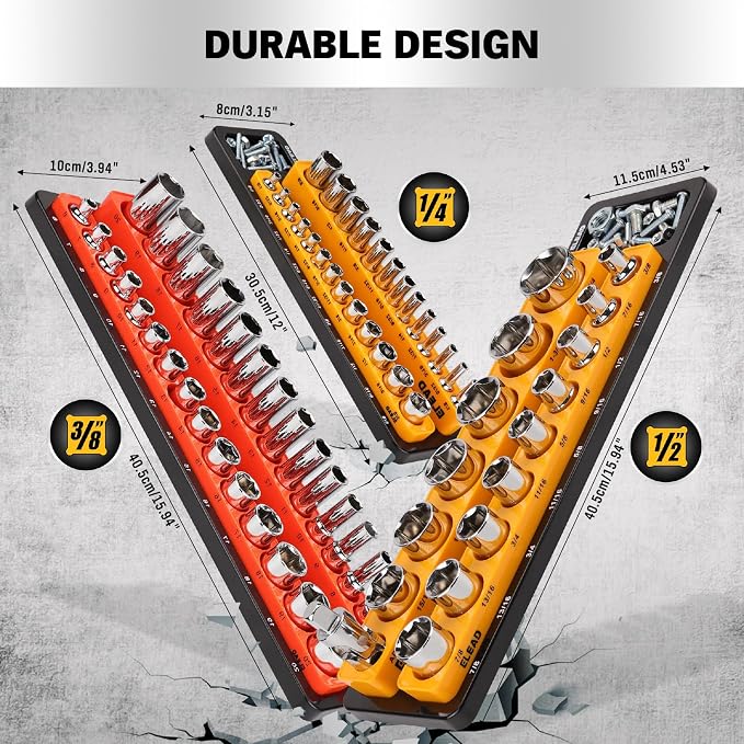 Magnetic Socket Holder Organizer Set - 6-Piece Durable 1/2, 1/4, 3/8 Inch Drive Holder, Tool Box Storage Tray for Wrench, Screwdriver, Mechanic Tools, Portable Toolbox Accessory
