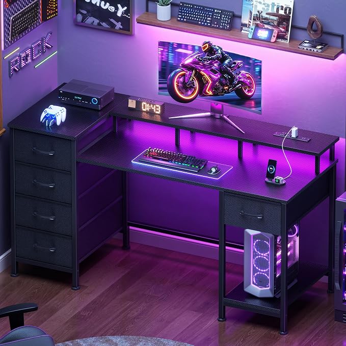 Korfile 47 Inch Computer Gaming Desk with Power Outlets & LED Lights Reversible Home Office Desk with Adjustable 5 Fabric Storage Drawers for Working Writing Study, Carbon Fiber Black | For gaming and working,built-in power outlets and LED lights,5 fab...