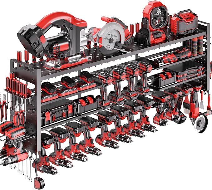 49.8" Power Tool Organizer Wall Mount,Holds 18 Cordless Drills | Large 4-Tier Tool Storage Rack, Heavy Duty 450 lb Load Capacity for Garage Workshop, Black, Gift for Men