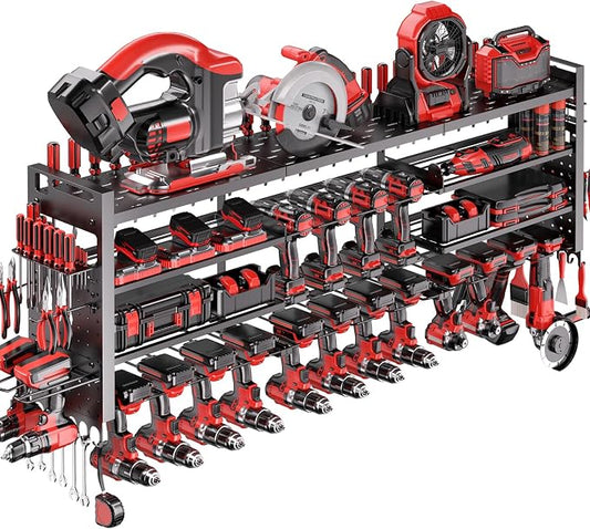 49.8" Power Tool Organizer Wall Mount,Holds 18 Cordless Drills | Large 4-Tier Tool Storage Rack, Heavy Duty 450 lb Load Capacity for Garage Workshop, Black, Gift for Men