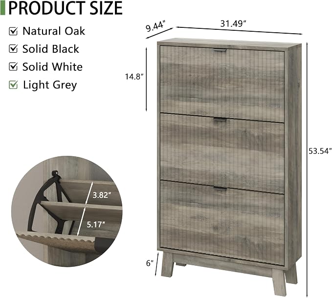 Xixini Shoe Cabinet with 3 Flip Drawers, 54" Tall Narrow Fluted Shoe Storage Organizer for Entryway, Hidden Slim Wooden Shoe Rack Cabinet for Front Door Entrance, Hallway, Living Room, Light Grey