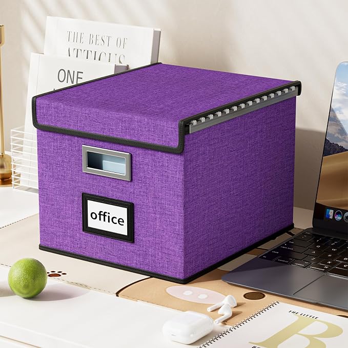 File Organizer Box with Lids, Collapsible File Folder Organizer | File Box with Plastic Slides for Office Document Storage, Filing Bin for Letter Size Hanging File Folders (2 Pack, Purple)