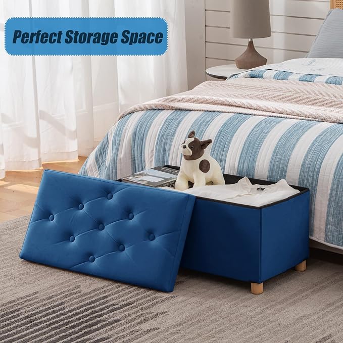 BRIAN & DANY 30 Inches Folding Storage Ottoman Bench, Ottoman with Storage for Living Room, with Wooden Feet and Lid, Blue