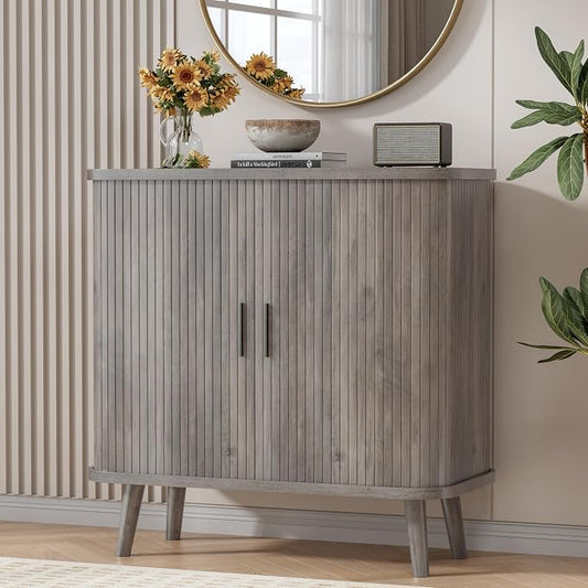 BORNOON Buffet Cabinet with Storage, Curved-Edge Fluted Storage Cabinet Sideboard, Modern Black Sideboard Buffet with Adjustable Shelves & Sliding Door for Dining Room, Kitchen, Entryway (Wood)
