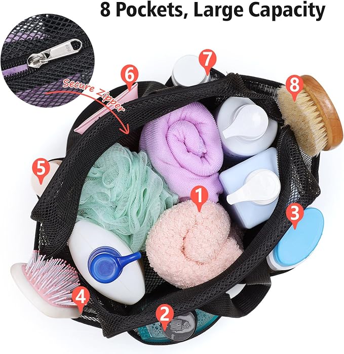 Mesh Shower Caddy Portable with Zipper - 2-Handle Shower Bag for Dorm | 8 Deep Pockets, S-Hook, Quick-Dry Mesh, College Dorm Room Essentials for Girls, Camping, Gym, Travel & Bathroom, Black