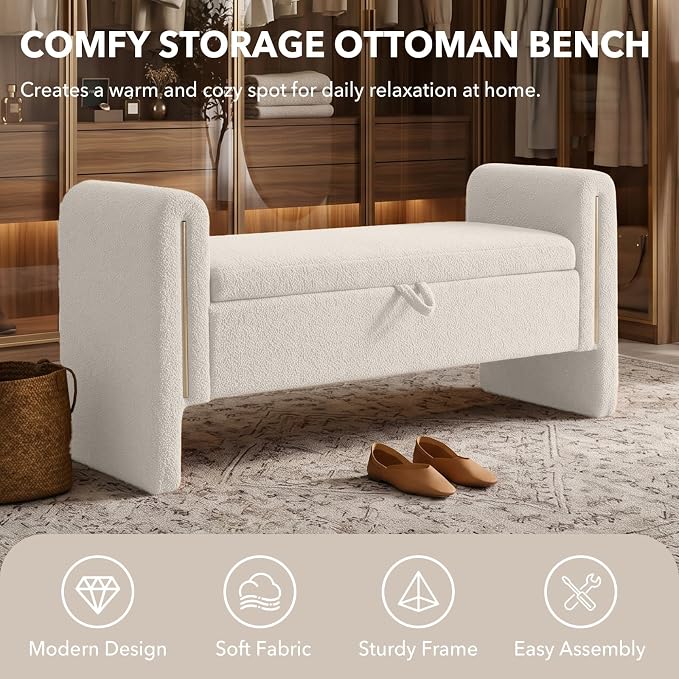 52" Flip-Top Storage Ottoman Bench, Teddy Entryway Bench (White) | Teddy Fleece Upholstered End of Bed Bench with Armrests, Soft Padded Window Bench for Living Room Bedroom Entryway