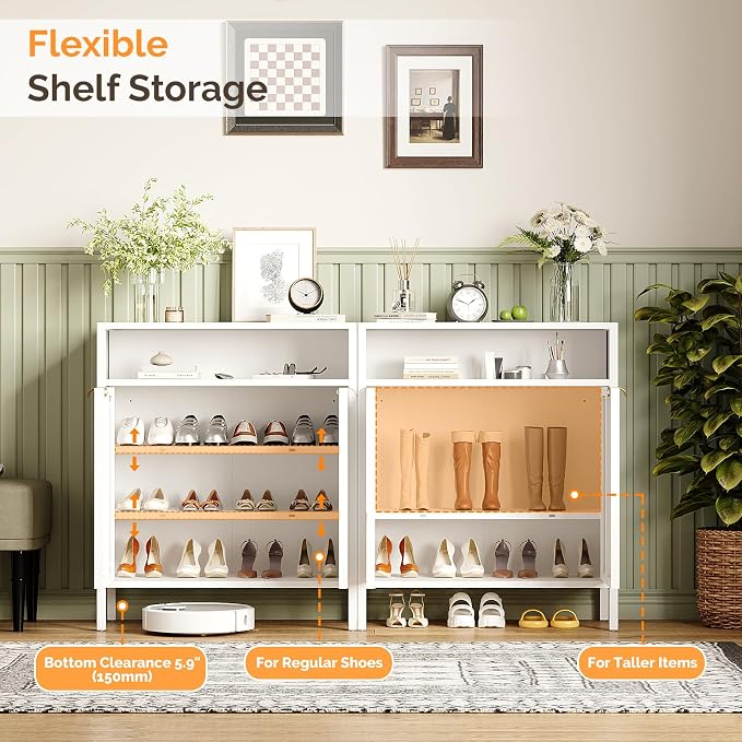 VINGLI Metal Shoe Cabinet, White Entryway Shoe Storage Cabinet with 2 Doors and Open Shelf, 31.5" Waterproof Metal Shoe Rack Organizer with Adjustable Shelves for Hallway, Entryway, Closet