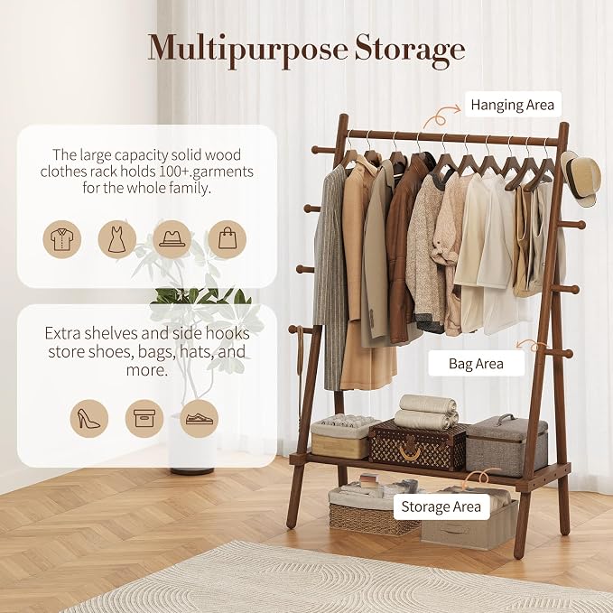 Yoobure Solid Wood Clothes Rack - Heavy Duty Clothing Racks for Hanging Clothes with 8 Hooks, Portable Garment Rack for Dress Shirt Shoe, Freestanding Wardrobe Coat Racks with Shelf for Closet Bedroom