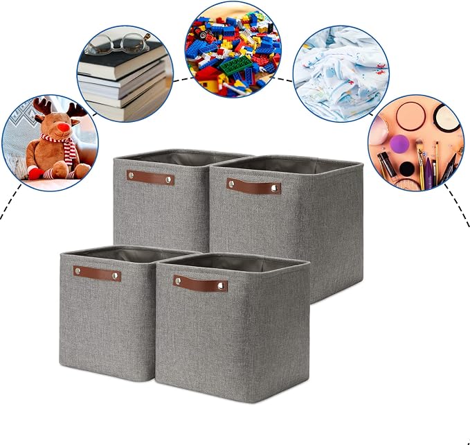 DULLEMELO 11 inch Cube Stroage Bins 4 Pack Small Grey Square Storage Baskets Cube Organizer, Linen Closet Organizers and Storage Baskets for Shelves Bedroom Storage