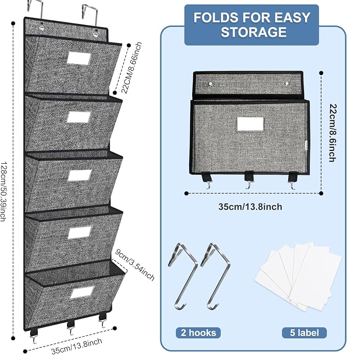Over the Door File Organizer, Hanging Wall File Folders with 5 Large Pockets for Papers, Charts, Mails, Magazine, Office and Back To Supplies Storage and Organization (Black)