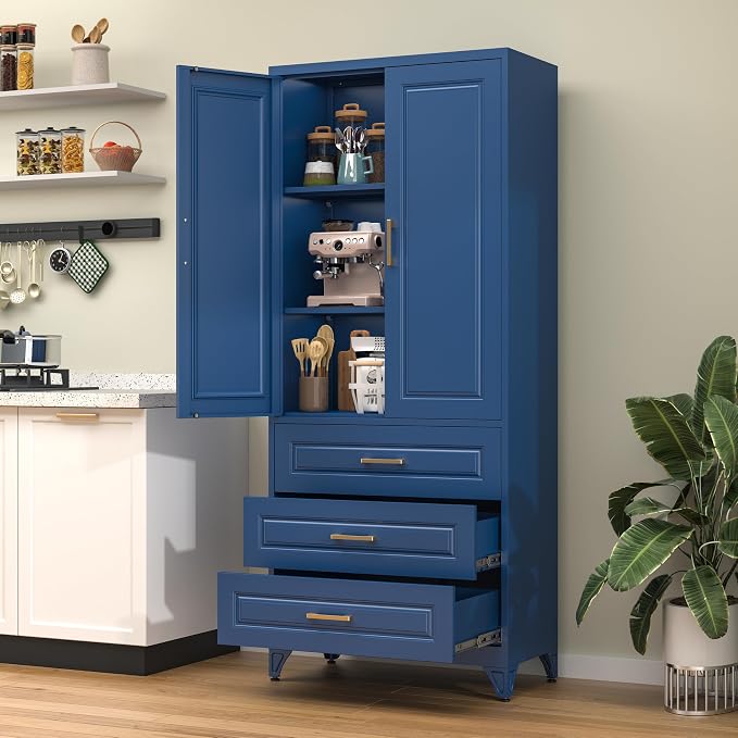 75" Metal Pantry Storage Cabinet with 3 Drawers, Blue | Sturdy SPCC Steel, Gold Handles, Adjustable Shelves,Anti-Tipping Kit, Leveling Feet, Easy Assembly for Kitchen Pantry