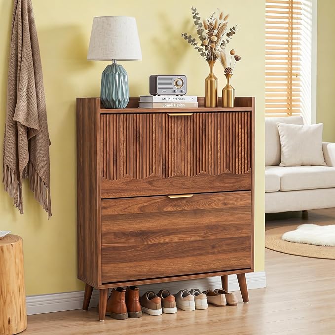BERRYMERRY 30" Walnut Narrow Shoe Storage Cabinet with 2 Flip Drawers | narrow,entryway,adjustable feet,20 pairs shoe,shoe organize,hidden shoe rack,fluted panel,wave pattern,wood,space saving