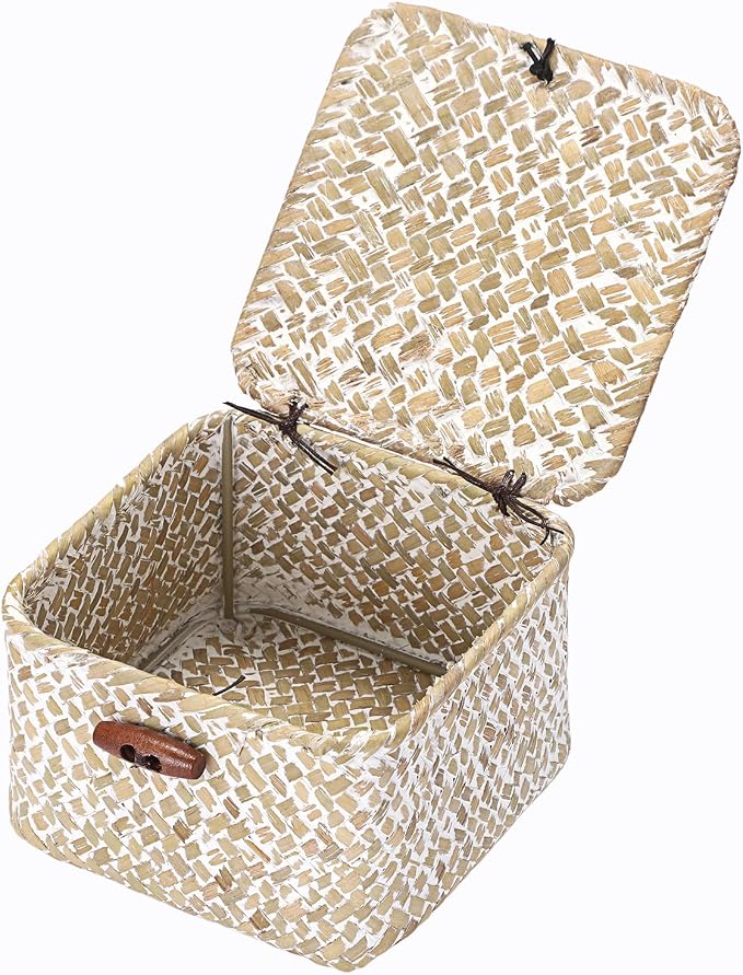 Hipiwe Handwoen Seagrass Basket with Lid Mini Woven Wicker Box,3.5"x3.5"x2" | Decorative Shelf Basket for Bathroom Home Office Organizer, Key Basket Holder for Entryway Table, Whitewash