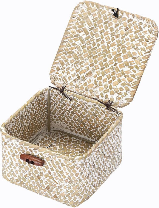 Hipiwe Handwoen Seagrass Basket with Lid Mini Woven Wicker Box,3.5"x3.5"x2" | Decorative Shelf Basket for Bathroom Home Office Organizer, Key Basket Holder for Entryway Table, Whitewash