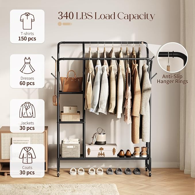 Yoobure Double Rods Clothes Rack - Portable Clothing Rack with Wheels, Rolling Garment Rack with 3-Tier Shelves & 4 Hooks, Freestanding Clothing Racks for Hanging clothes, Coat Rack for Closet Bedroom