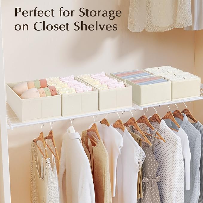 DIMJ Drawer Organiser System Drawer Organiser - Fabric Storage Box, Drawer Inserts for Wardrobes, Wardrobe Organiser for Clothes, Pack of 8, Beige Classic