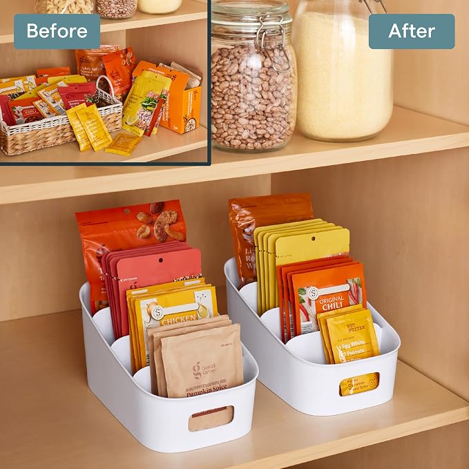 YouCopia ShelfBin Packet Organizer, 4-Tier Stairstep Raised Divided Bin, BPA-Free Storage Caddy for Kitchen Pantry and Cabinet Organization, Tea Bags, Medicine, and More