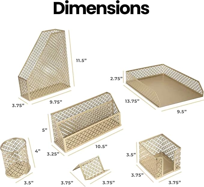 BLU MONACO | Gold Desk Organizer Set with Mail Sorter, Sticky Note Holder, Pen Cup, Magazine Holder, Letter Tray & Business Card Holder | Stylish Desk Accessories for Women & Home Office Décor