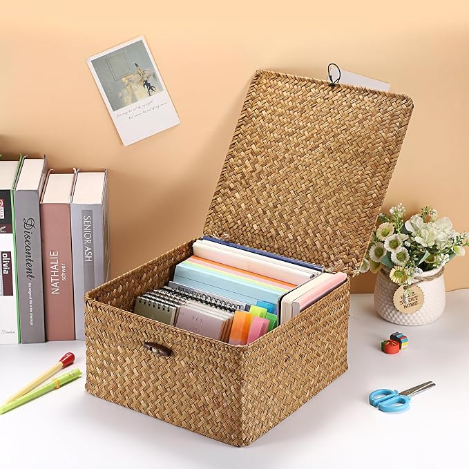 Hipiwe Handwoven Seagrass Basket Bin Square Household Storage Container with Lid Wicker Shelf Basket Bin for Bookshelf Living Room Bath Room, Large Caramel