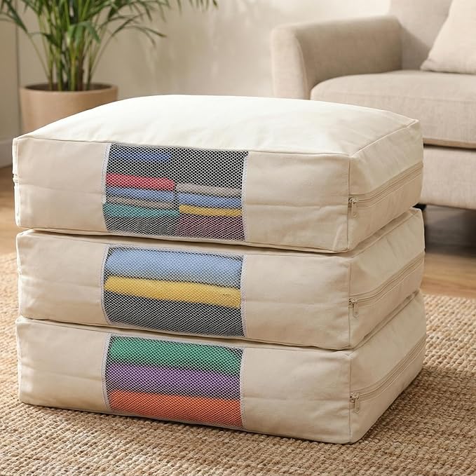 3 Pcs Cotton Canvas Sweater Storage Bag, 20"x14"x5" Closet Organizer Bag | Breathable Material, Mesh Window Design, Dustproof, Moth Proof, Large Capacity, Suitable for Seasonal Clothing, Bedding, etc.