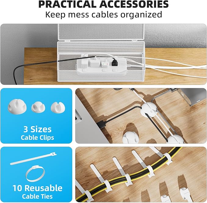 3 Pack Cable Management Box, Metal Mesh Cord Organizer Box for TV Wires, Electrical Hiding, Power Strip – Under Desk Cable Storage Box with Cable Clips&Reusable Cable Ties for HomeOffice - White