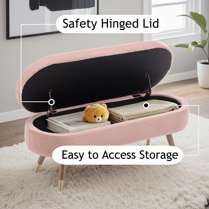 IAFIKE Oval Storage Bench 43.5" Ottoman Bench Upholstered Boucle Fabric Footrest Bench with Golden Metal Legs End of Bed for Bedroom, Living Room, Entryway,Bed Side (Pink)