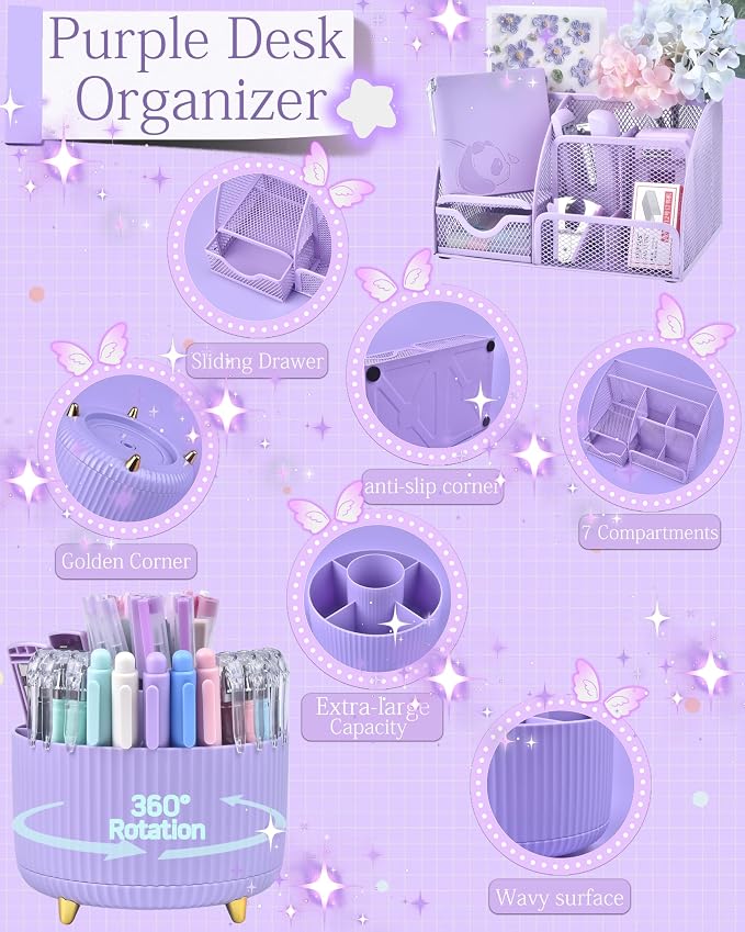 Purple Desk Accessories and Organizers with Desk Organizer and 360°Rotating Pen Holder stapler Pen and a Lot of Office Purple Office Supplies Beautifully Presented in a Gift Box