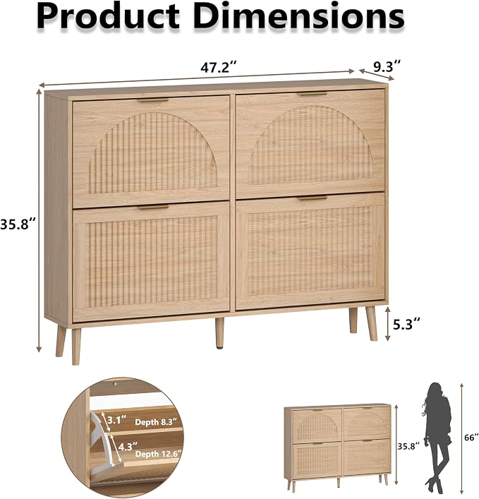 BORNOON Shoe Cabinet for Entryway with 4 Flip Drawers, Slim Wooden Shoe Storage Organizer with Modern Fluted Pannel，Freestanding Narrow Hidden Shoe Rack for Hallway, Foyer, Living Room