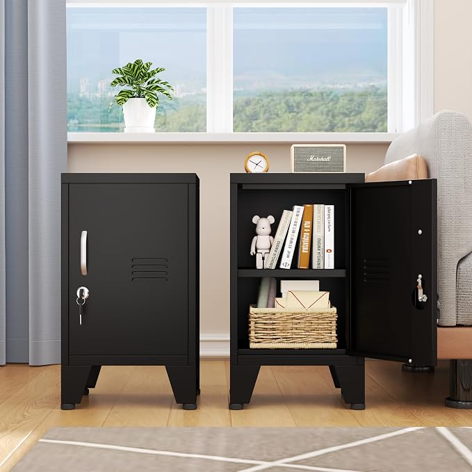 PAOFIN 24.4" H Black Metal NightStand Locker Storage Cabinet with 1 Doors, File Cabinet with Shelves, Storage Cabinet with Adjustable Leveling Foot for Home Office Living Room or Bed Room