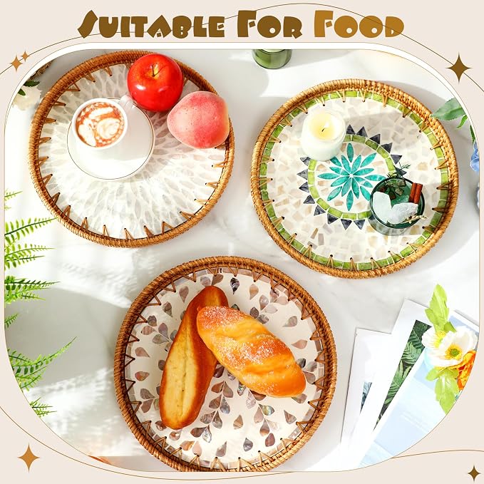 3 Pcs Round Rattan Tray with Mother of Pearl Inlay Wicker Serving Tray with Wooden Base Boho Decorative Wicker Basket for Table Decor Bathroom Candle Perfume(Vintage Style)