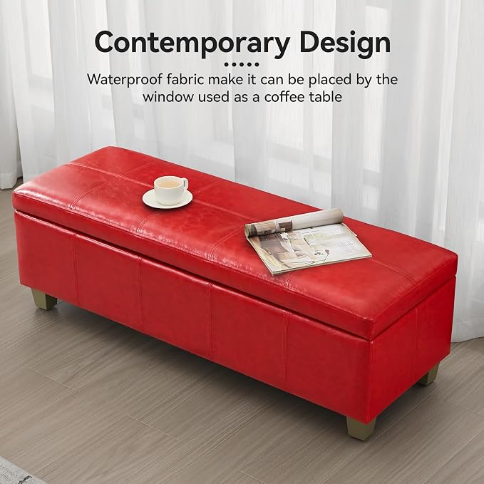 WUTUTUEE 51" Faux Leather Storage Ottoman, Stitch Tufted Rectangle Upholstered End of Bed Storage Bench, Entryway Large Couch Ottoman with Wooden Legs,Red