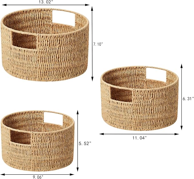 Wicker Storage Basket, Hand-Woven Paper Rope Large Round Woven Basket With Handles, Wicker Baskets for Organizing/Storage, Natural, 3-Pack