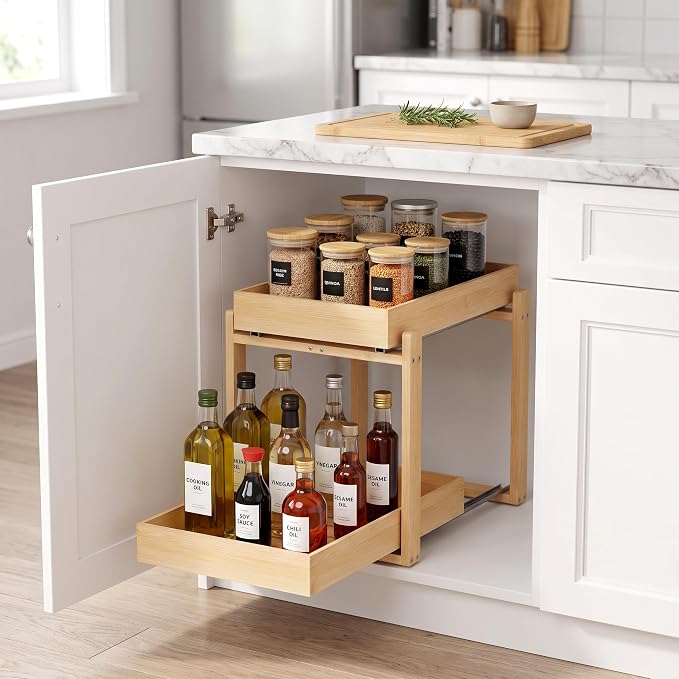MHXW SXPN Bamboo Under Sink Organizer, 2 Pack Pull Out Cabinet Organizer | 2 Tier Vertical Smooth Slide Out Undersink Storage Shelf | Multi-Purpose Organizer Shelves for Kitchen Bathroom Medicine