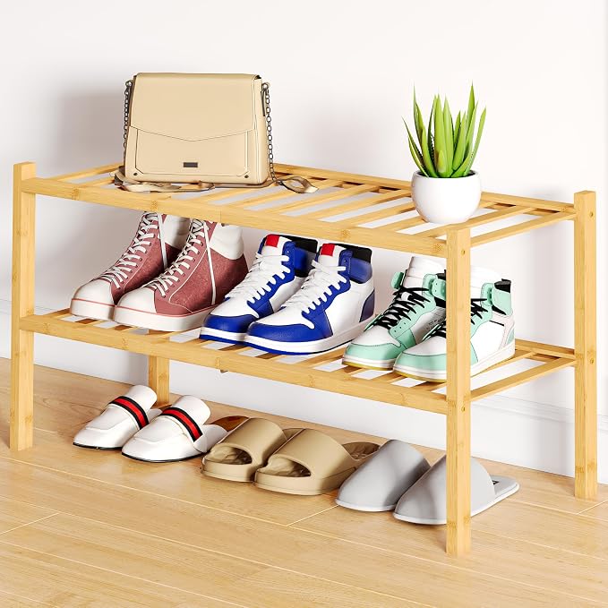 Smiry Bamboo Shoe Rack, 12 Vertical Slats, 2 Tier - 26.8" Wide, Natural | Stackable Free Standing Wooden Shoe Organizer, Wood Shoe Storage Shelf for Closet, Entryway