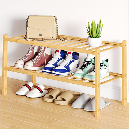 Smiry Bamboo Shoe Rack, 12 Vertical Slats, 2 Tier - 26.8" Wide, Natural | Stackable Free Standing Wooden Shoe Organizer, Wood Shoe Storage Shelf for Closet, Entryway