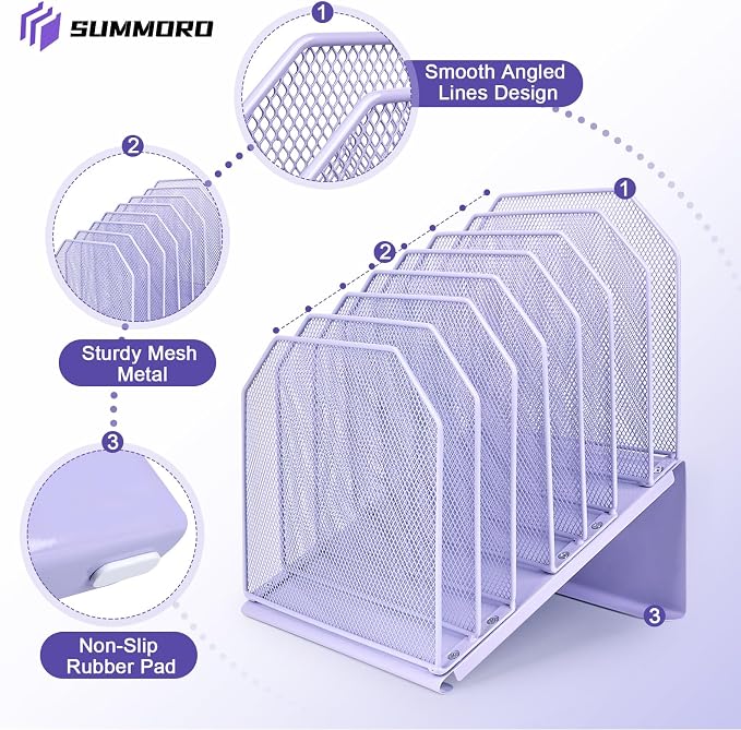 SUMMORO Inclined File Organizer for Desk, 7-Tier Vertical File Folder Holder Office Desk Organizer Metal Rack File Wire Mesh Desktop Document Sorter for Office School Classroom Home (Purple)