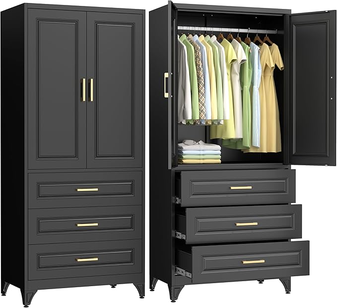 Polup 71" Black Metal Armoire Wardrobe Closet with Doors and 3 Drawers | Freestanding Heavy Duty Steel Clothing Storage Cabinet, Hanging Rod, 180lbs Adjustable Shelves, for Office, Bedroom & Garage